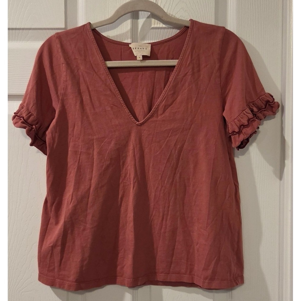 Sézane Womens S Rust Cotton T Shirt Ruffle Sleeve V Neck French Parisian